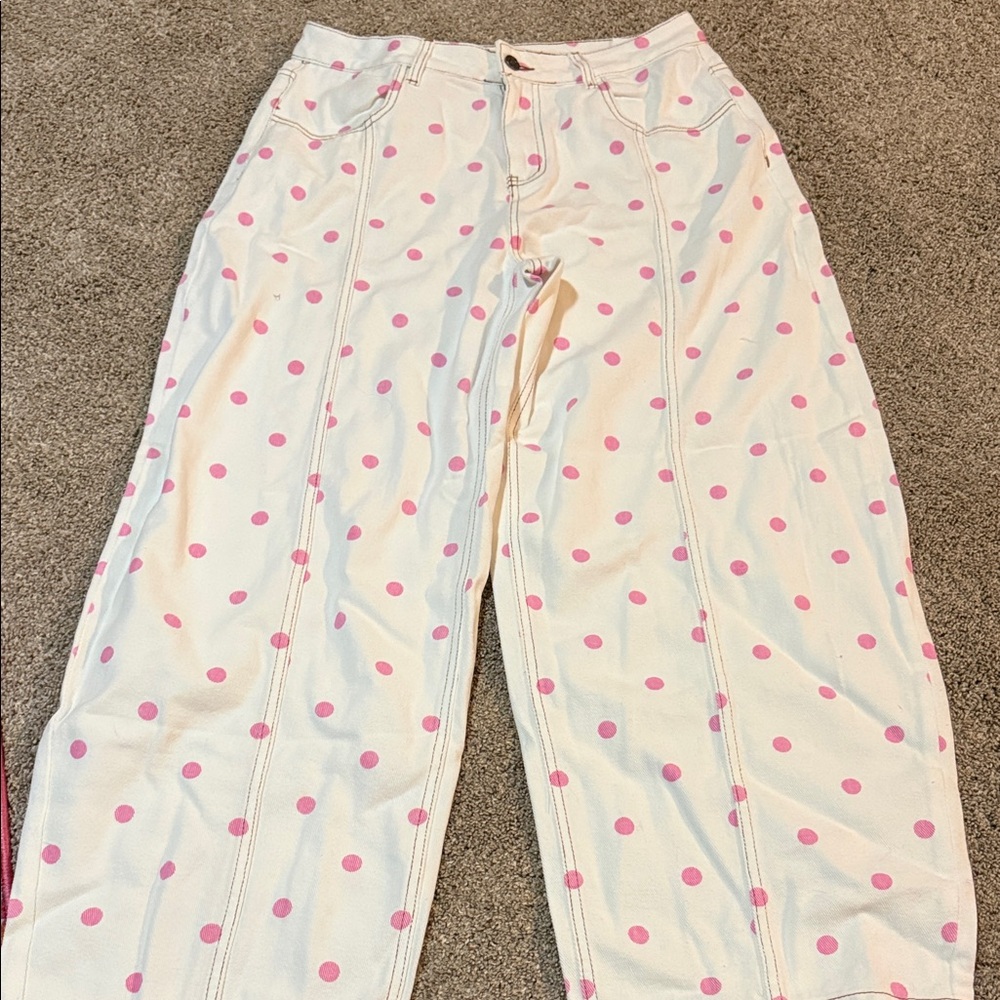 White Barrel Jeans with Pink Polka Dots XL Amazon